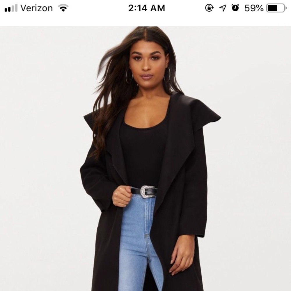Black oversized waterfall belted coat